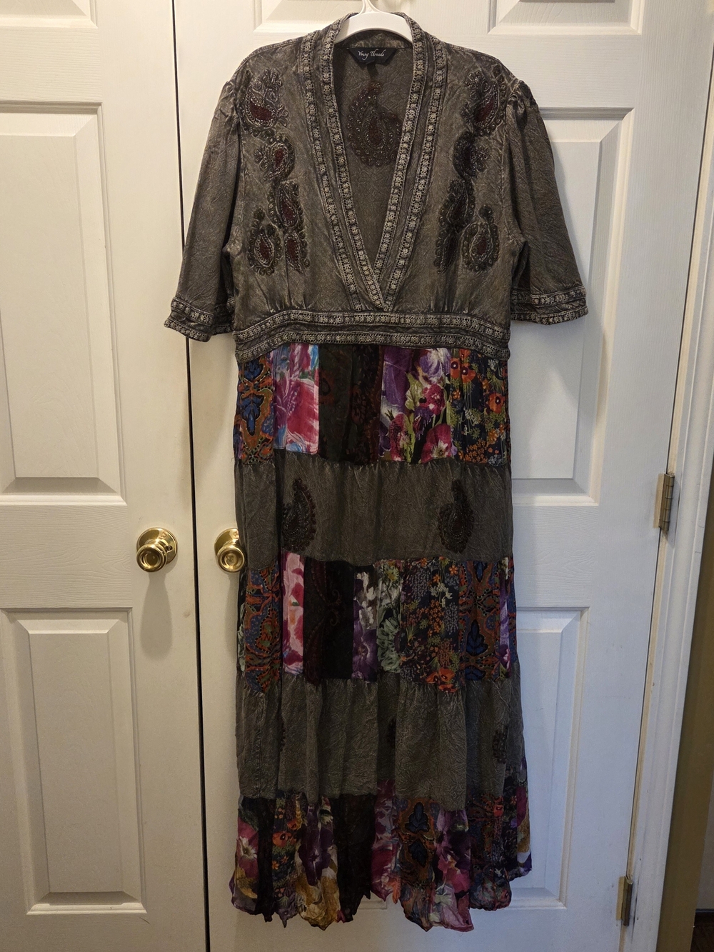 Bohemian Maxi Dress in Olive with Floral Patchwork - Vicky Tiel
